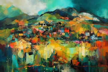 Abstract painting village landscape