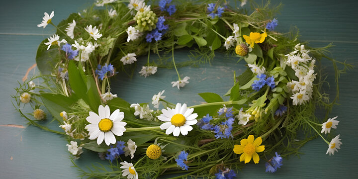 Summer crown, wreath of wild flowers of daisies and cornflowers on a wooden background. Top view. Generative AI.