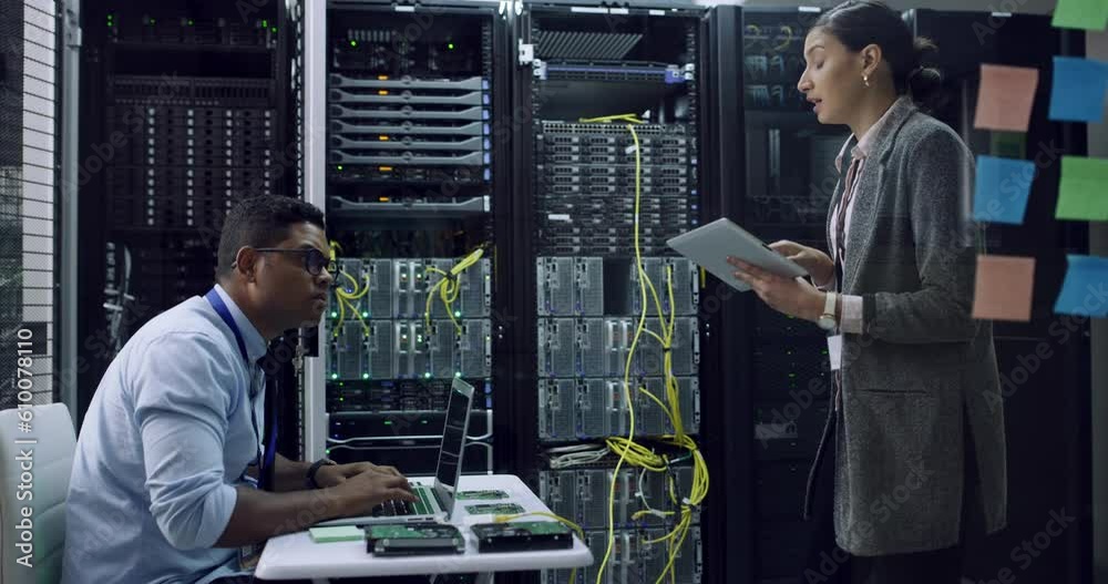 Poster Programmer team, server room talk and planning of staff with computer hardware and information technology. Cyber security, strategy and network system of company group talking in data center job