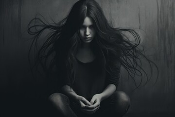 Obraz premium illustration girl in depression dark mental health generative ai 