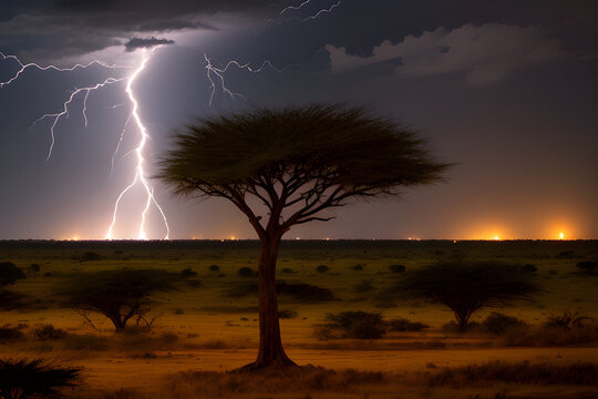 Lightning Strike in savanne, Generative AI