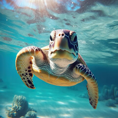 A turtle swimming in the ocean with the sun shining. Generative AI.