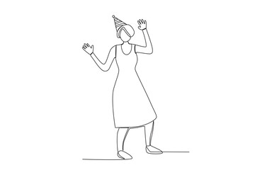 A woman wears a hat at a birthday celebration. Birthday party one-line drawing