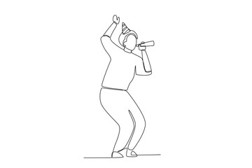 A man blows a trumpet. Birthday party one-line drawing