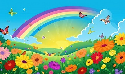 Fototapeta na wymiar a rainbow in the sky over a field of flowers and butterflies with a rainbow in the background of the sky and a rainbow in the clouds. generative ai