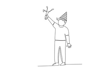 A young man celebrates his friend's birthday. Birthday party one-line drawing