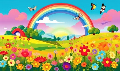 Naklejka na ściany i meble a rainbow in the sky above a field of flowers and butterflies with a rainbow in the background illustration by alex krawczyciak. generative ai