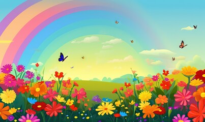 Fototapeta na wymiar a colorful flower field with a rainbow in the background and butterflies flying over the top of the flowers in the foreground, and a blue sky with a rainbow in the background. generative ai