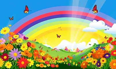 Obraz na płótnie Canvas a rainbow and a field of flowers with a butterfly flying over the top of the rainbow in the sky with a rainbow in the background. generative ai