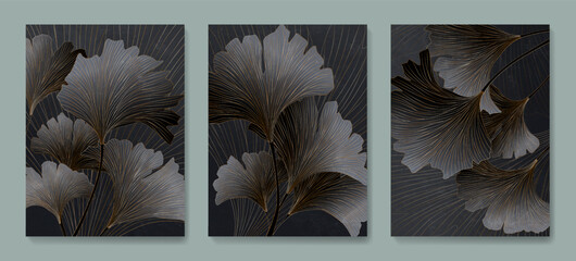 Dark luxury art background with ginkgo leaves in gold line art style. Set of botanical posters in oriental modern style for wallpaper design, print, textile, interior design, banner.