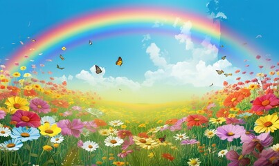 Naklejka na ściany i meble a rainbow in the sky over a field full of flowers and a rainbow in the sky with butterflies flying over the flowers and a rainbow in the sky. generative ai