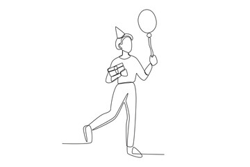 A woman holding a balloon and a birthday gift. Birthday party one-line drawing