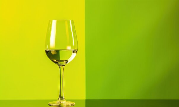  a glass of wine sitting on a table next to a green and yellow wall with a green and yellow stripe in the backround.  generative ai