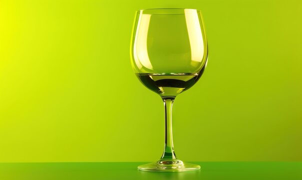  a glass of wine sitting on a green table top next to a green wall with a green background and a green wall behind it with a green border.  generative ai