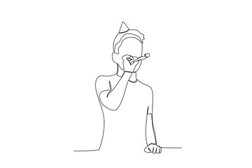 A boy blows a birthday trumpet. Birthday party one-line drawing
