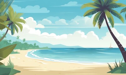  a painting of a beach with palm trees and a sailboat in the water on a sunny day with blue sky and clouds above it.  generative ai