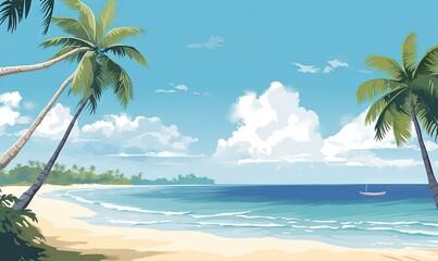  a painting of a tropical beach with palm trees and a boat in the water and a blue sky with white clouds and blue sky with white clouds.  generative ai