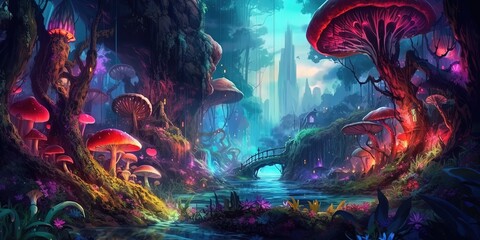 anime illustration scenery background wallpaper, enchant mushroom nature garden, generative Ai