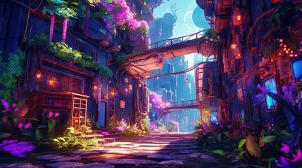 anime illustration scenery background wallpaper, old ancient town city street, Generative Ai