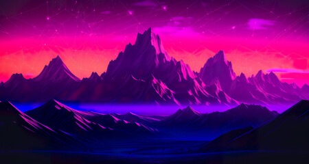 A mountain range with a pink sky in the background. Generative AI.