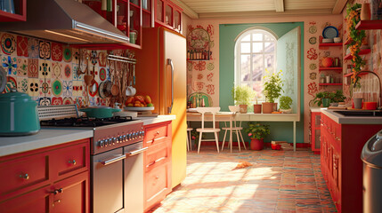 A bright and cheerful kitchen with a retro-inspired design. The room features a colorful tiled backsplash and vintage appliances. The walls are painted in a sunny yellow color. Generated with AI techn