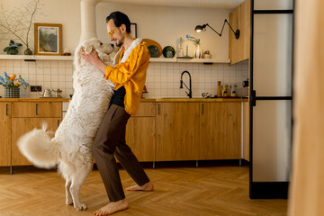 Man spends leisure time happily with a dog at kitchen of his stylish apartment. Friendship with pets and domestic lifestyle concept