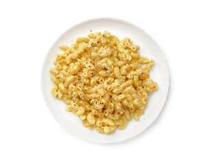 Plate of tasty Italian pasta with Cheddar cheese on white background