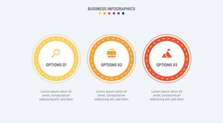 Timeline infographic with infochart. Modern presentation template with 3 spets for business process. Website template on white background for concept modern design. Horizontal layout.