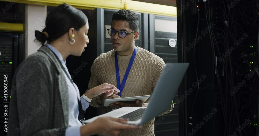 Poster engineering, problem solving and server room, woman and man team with tablet, laptop and network upd