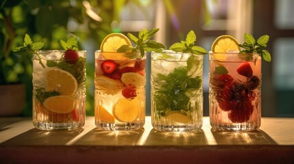 Refreshing Summer Beverages with Fruit Infusions, Fresh Herbs and Ice. Perfect for Your Summer Website! Generative AI.