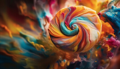 Vibrant candy spiral explodes with colorful abstract shapes and joy generated by AI