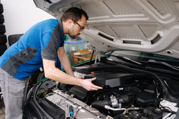 Fototapeta na wymiar Auto mechanic working in garage. Open hood and start working. Repair service concept
