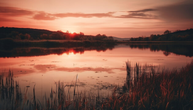 Tranquil sunset over water, nature beauty in vibrant colors generated by AI © djvstock