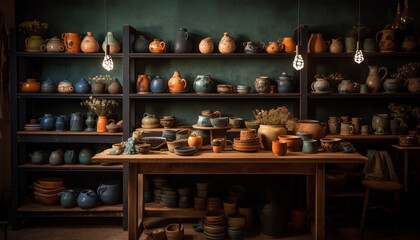 Fototapeta na wymiar Indigenous pottery collection showcases creativity and old fashioned craftsmanship generated by AI