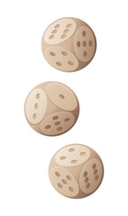 Set of 3 wooden game dices with round corner. Casino elements. Isolated vector and PNG illustration on transparent background.