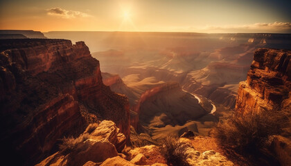 Panoramic sunset over majestic eroded sandstone cliff, a natural landmark generated by AI