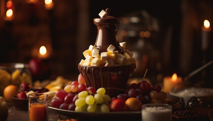 Fototapeta na wymiar A candlelit still life of indulgent desserts and sweet treats generated by AI