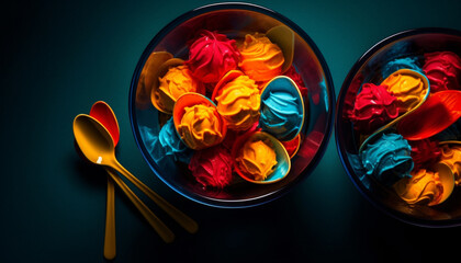 Gourmet dessert in a blue bowl with multi colored petals generated by AI