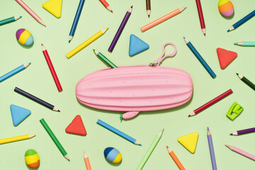 Pink cactus pencil case in centre with Colored Pencils and rubber erasers background pattern on light green. Back to School or drawing and creativity concept. Copy space in center. Top view