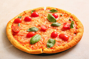 Tasty pizza margarita on white background