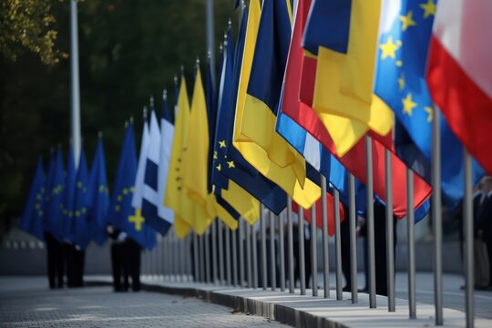  NATO summit on Ukraine's accession to Europe Ukraine takes part in the summit handshake on the background of the Ukrainian flag and NATO close-up generative ai