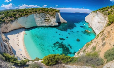  a beach with a blue body of water surrounded by cliffs and a sandy beach with a boat in the middle of the water and people swimming in the water.  generative ai