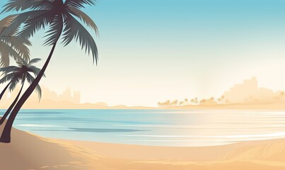  a tropical beach with palm trees and the ocean in the background is a cityscape with a skyscrapers and a blue sky with white clouds.  generative ai