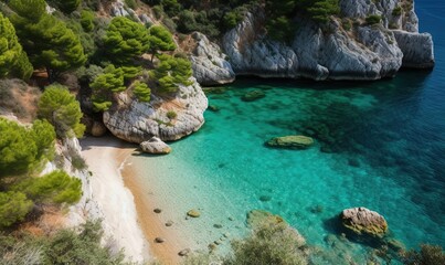  a beach with clear blue water surrounded by trees and rocks on the shore of a bay surrounded by cliffs and trees on the shore of the beach.  generative ai
