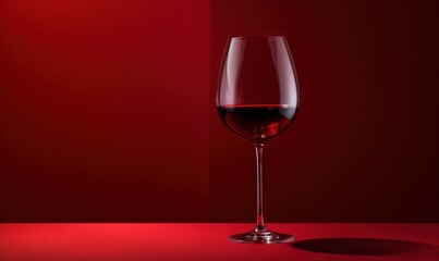 Obraz na płótnie Canvas a glass of red wine sitting on a table next to a red wall with a shadow on the floor and a red wall behind it. generative ai