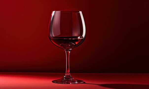  a glass of wine sitting on a red table top next to a red wall with a shadow of a wine glass on the table top of the glass.  generative ai