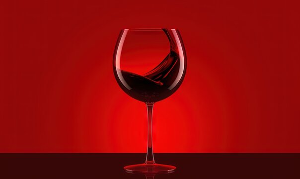  a glass of red wine on a red table with a red wall in the backgrounnd of the glass is a curved wave.  generative ai