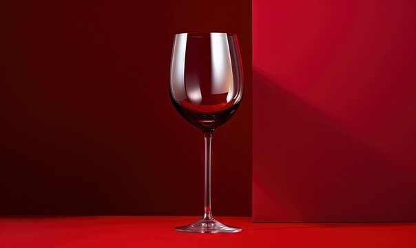  a glass of wine sitting on a red surface next to a red wall with a shadow of a wine glass on the side of the glass.  generative ai