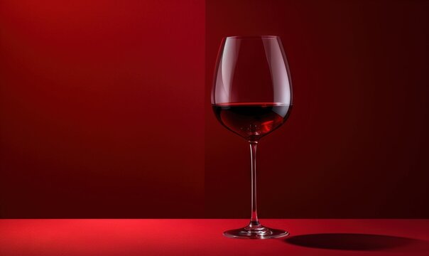  a glass of red wine sitting on a table next to a red wall with a shadow on the floor and a red wall behind it.  generative ai