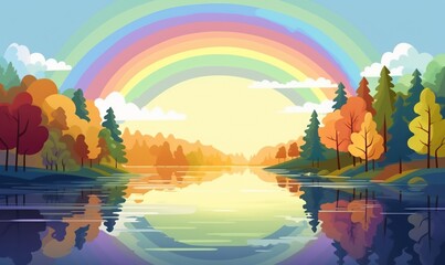  a painting of a lake with a rainbow in the sky and trees around it, and a rainbow in the sky above the water, and a rainbow in the water.  generative ai